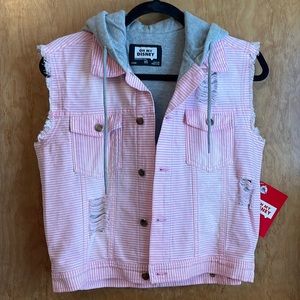 DISNEY jacket vest hoodie size XS fits like s/m NWT pink stripe mad hatter Alice